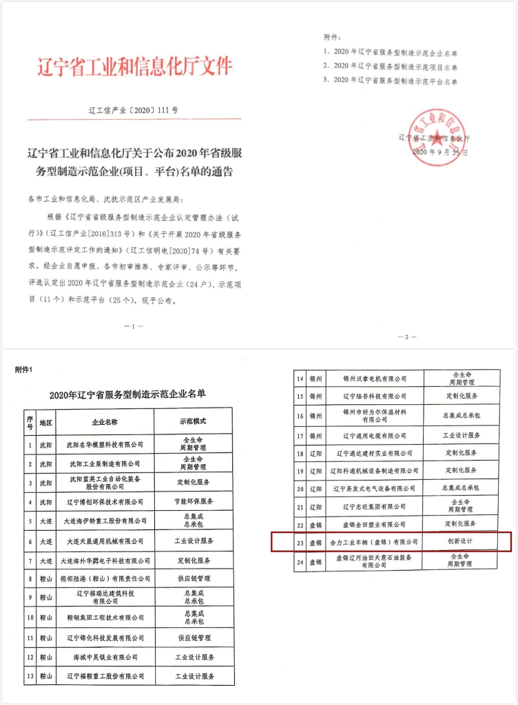 2020年9月，辽宁省工业和信息化厅公布了2020年省级服务型制造示范企业认定名单，合力工业车辆（盘锦）有限公司从全省数百家企业中脱颖而出,被遴选为2020年辽宁省服务型制造示范企业，成为24家获评省级服务型制造示范企业中的一员，从生产型制造向服务型制造转型迈出了坚实的步伐。.jpg